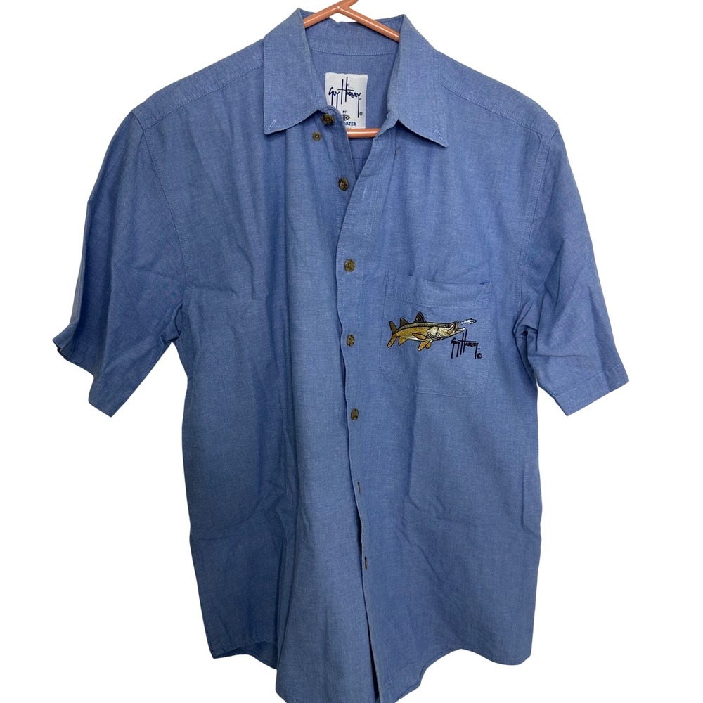 Guy Harvey Men embroidered fish logo blue short‎ sleeve button down shirt medium